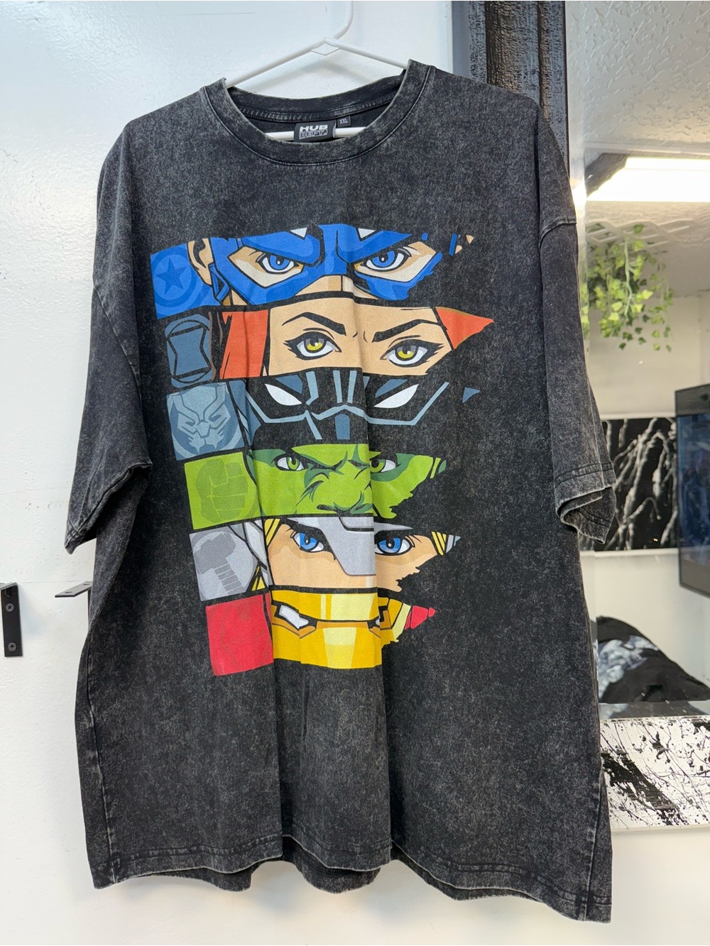 HUF Black Tee with Multicolor Superhero Panel Graphic